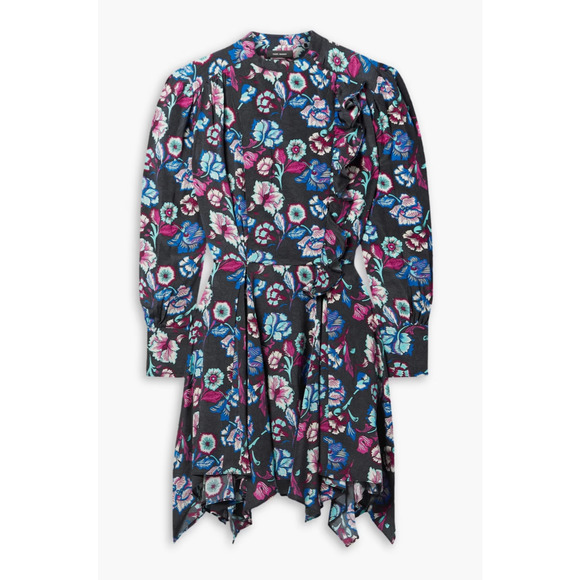 Isabel Marant Verikio Silk Floral Long Sleeve Ruffled Mini Dress Blue Purple 38 - Picture 2 of 7